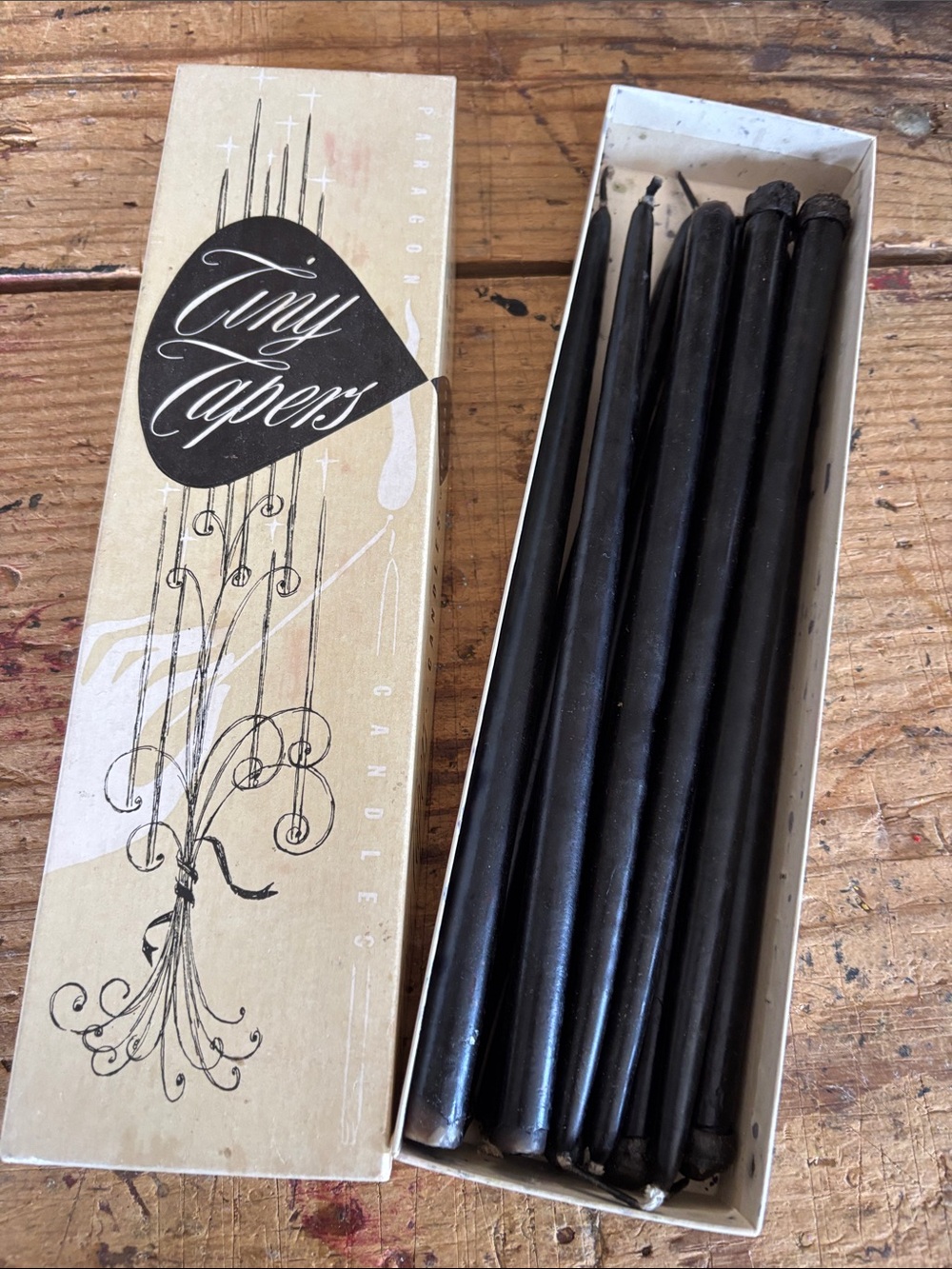 Antique vintage tiny ultra thin Black Wax 10” Taper Candles - Set of 10 USA made